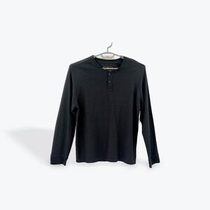 Mutual Weave Mens Long Sleeve Button Henley‎ Shirt Black Ribbed Texture L